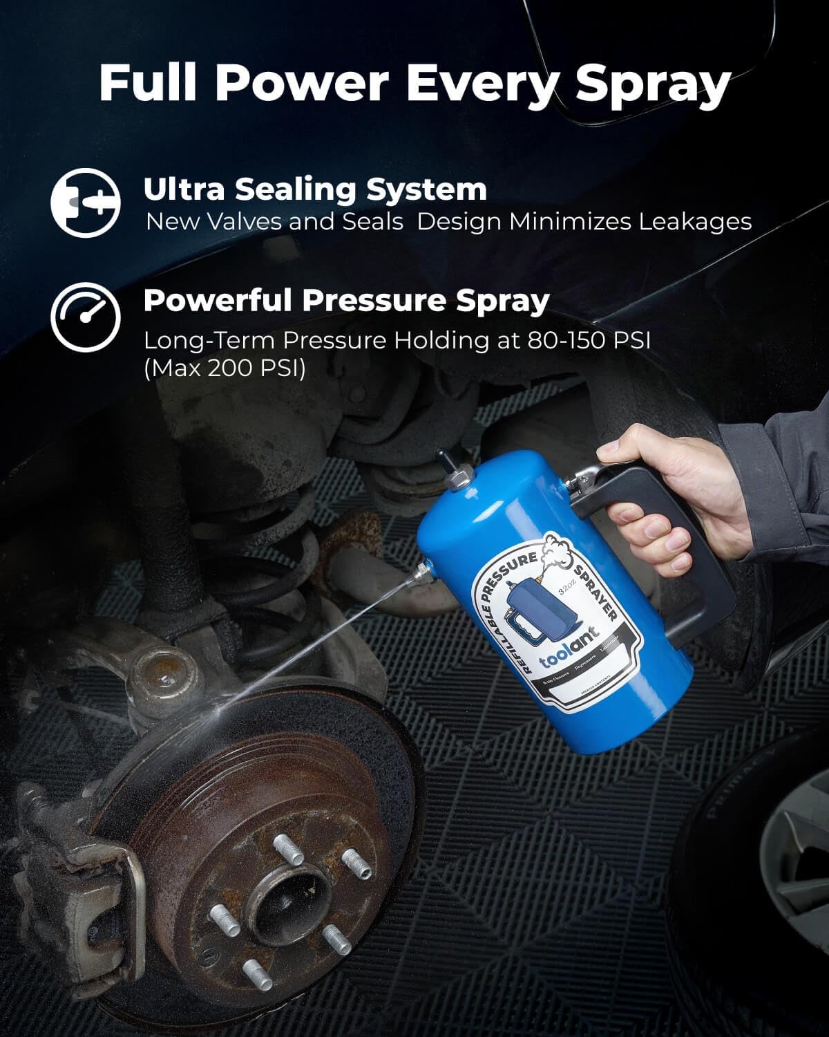 toolant 32oz Refillable Pressurized Sprayer, Steel Canister, Rust-Resistant Lining, Needle Valve Leak-Resistant, 1.0/0.6mm Nozzles, Funnel Included, 200 PSI Max, for Brake Cleaner & Solvents, Blue