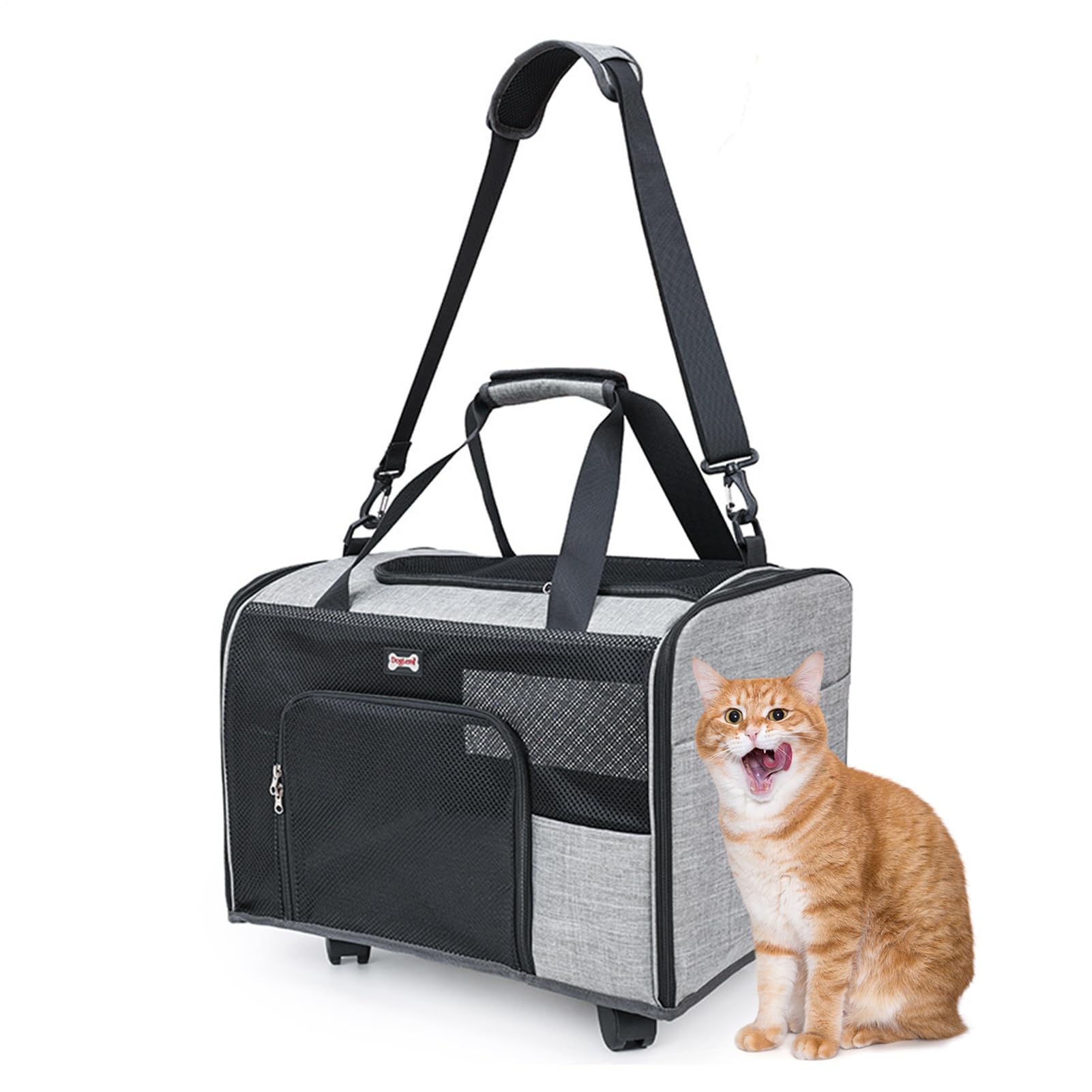 Rollbare Transportbox für Katzen mit Rollen & atmungsaktivem Design - Tiertransporter für kleine Hunde & große Katzen | Tragbare Schultertasche für Reisen | Mesh-Design und große Kapazität