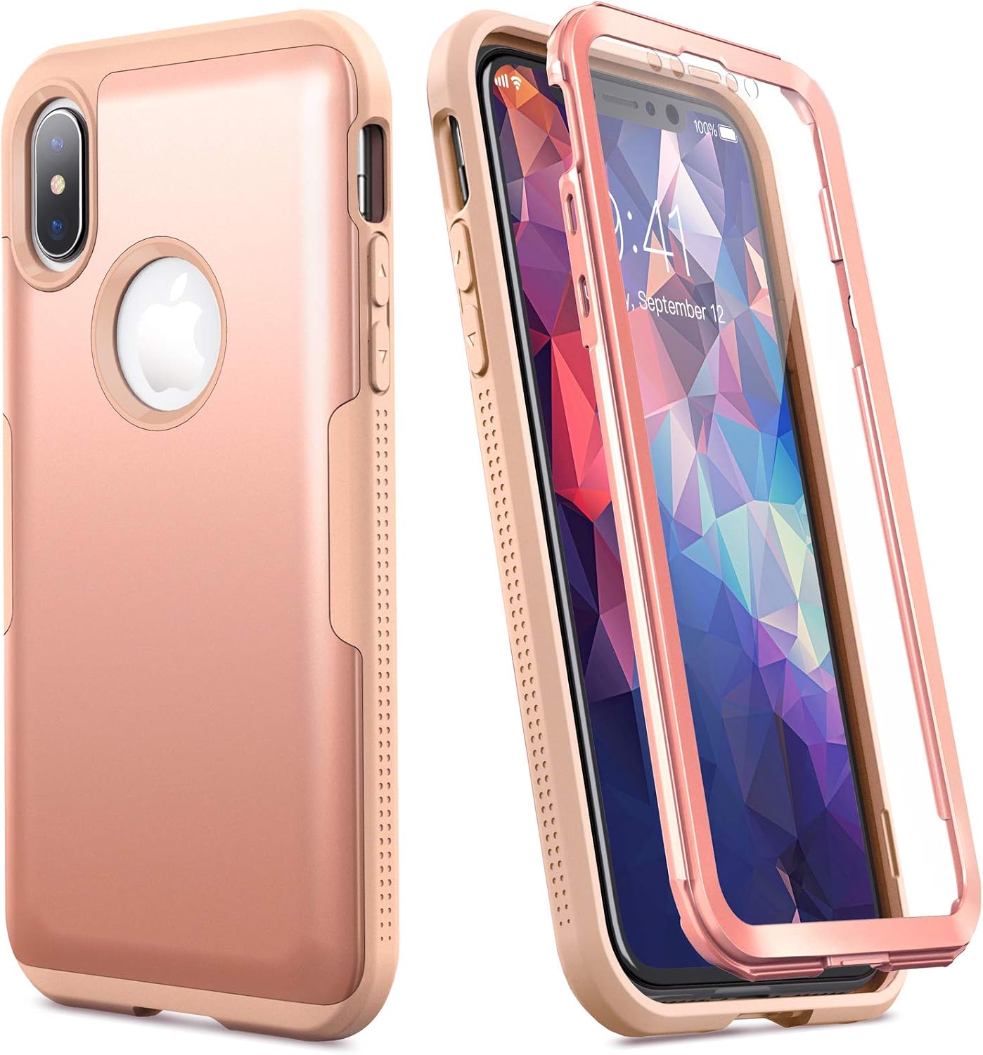 YOUMAKER [2021 Upgraded iPhone Xs Case/iPhone X Case, Full Body Rugged with Built-in Screen Protector Heavy Duty Protection Slim Fit Shockproof Cover for iPhone Xs/X Case 5.8 Inch -Rose/Pink