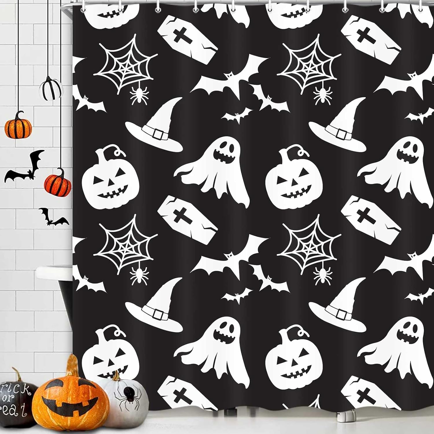 Boho Shower Curtains,Black Cute Floral Mushrooms Leaves Shower Curtain,Polyester Fabric Cloth Waterproof Decor Shower Curtain Set,71X84 Inch.