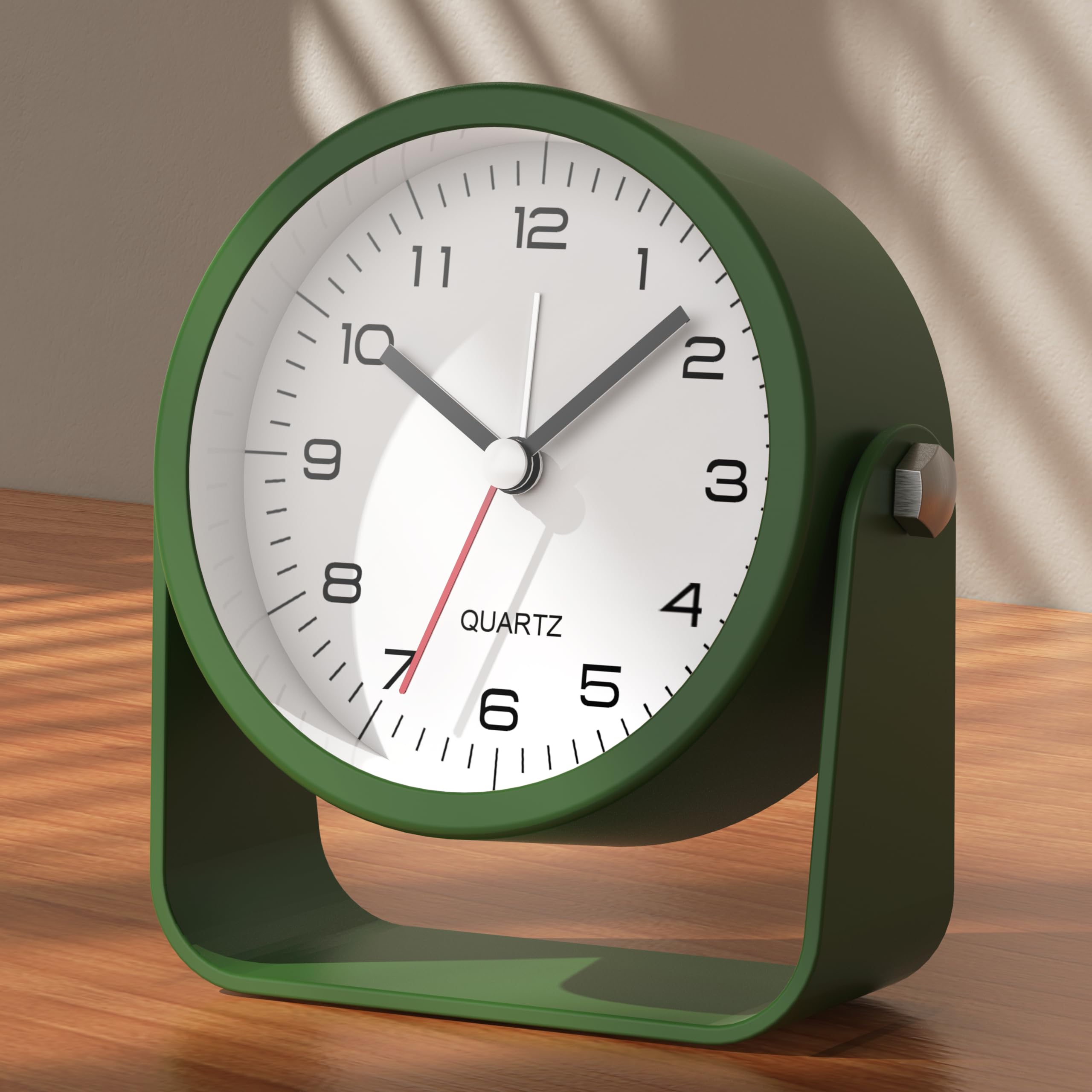 3.5-Inch Analogue Alarm Clock - Silent, Non-Ticking Bedside Clock with Retro Design, Adjustable Angle, Battery Operated, Desk Clock with Light (Dark Green)
