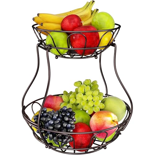 Simple Trending 2-Tier Fruit Vegetables Basket Bowl Holder Storage for Countertop, Kitchen, Home Decor, Bronze