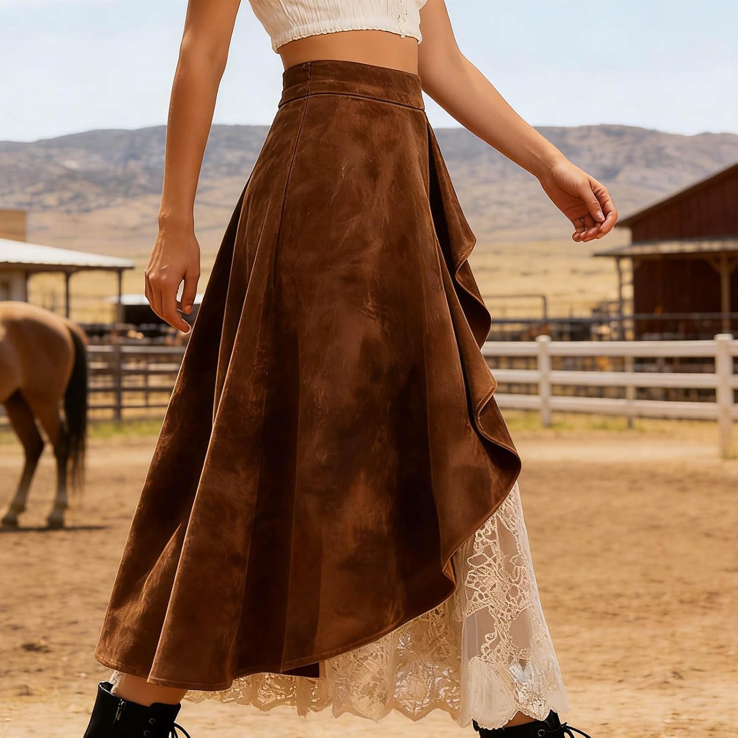 Women's Suede Skirt Ruffle Asymmetrical Western Boho Country Cowgirl Skirts High Waist Lace Vintage Long Skirts