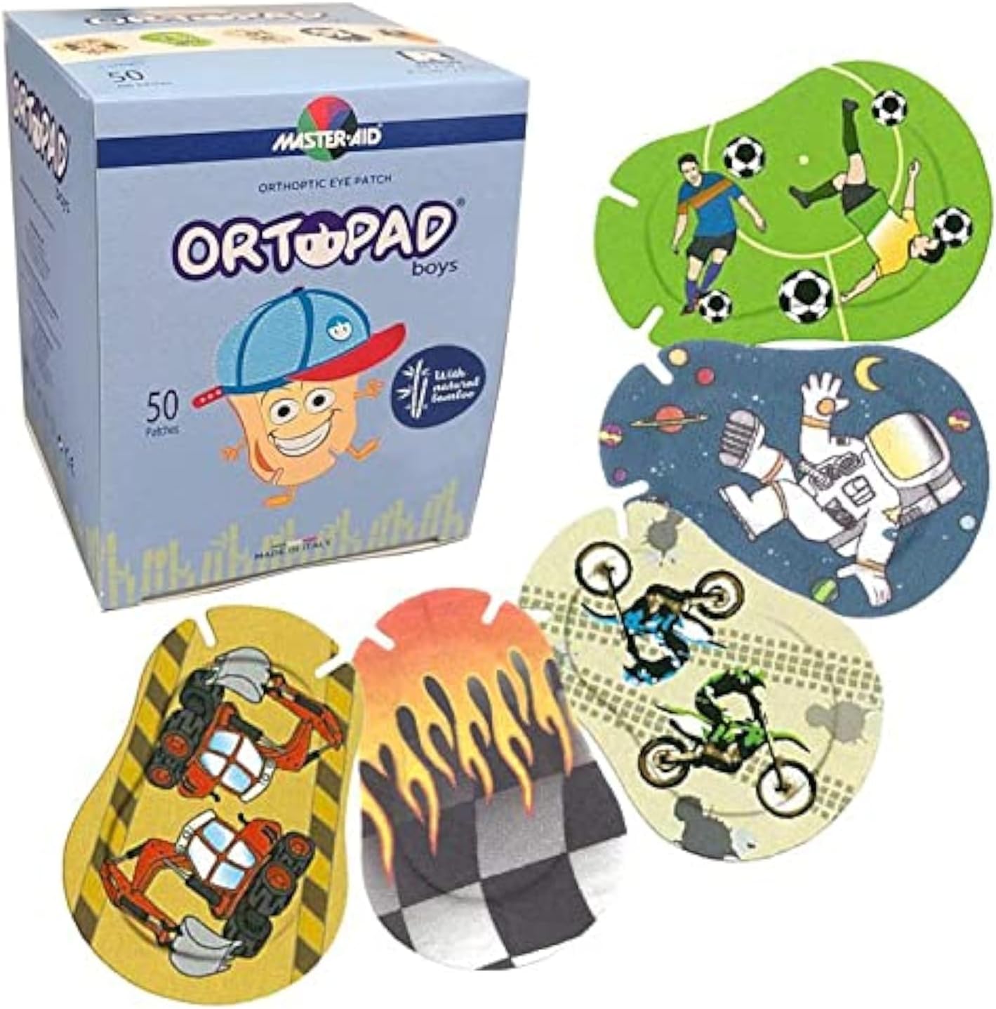 Ortopad® Bamboo Boys Eye Patches, 50/Box (Regular Size, 4+ yrs) Racing Flames Pack