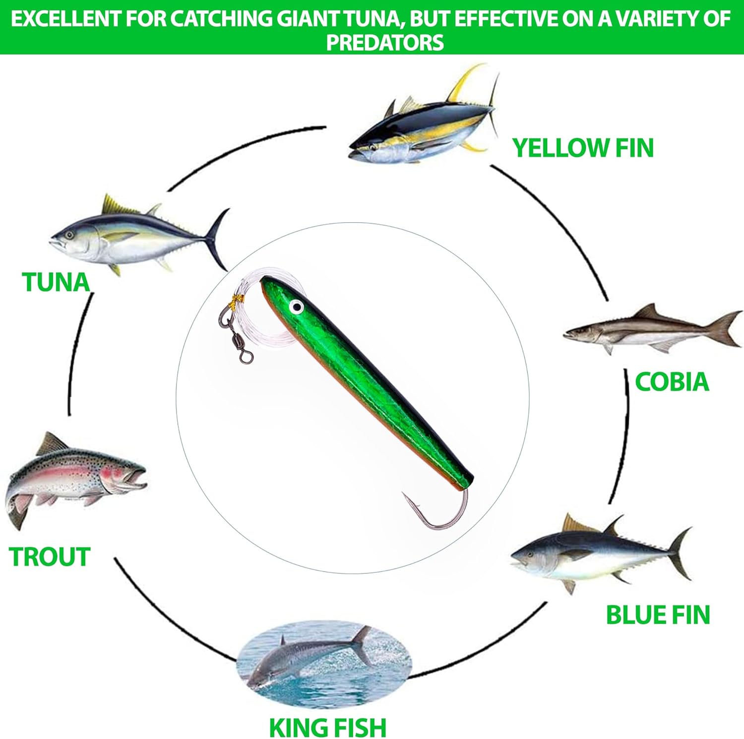 6" Cedar Plug Lures, 6 Pcs Black/Zucchini Mylar Rigged, for Saltwater Fishing, Includes Durable Lure Bag, Ideal for Offshore Trolling