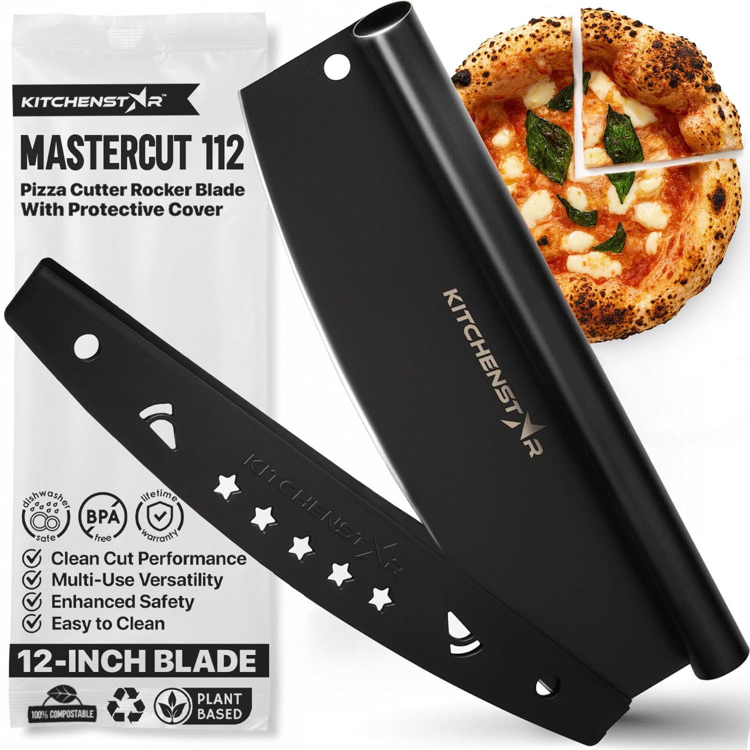12-Inch Pizza Cutter Rocker Blade, 304 Stainless Steel Slicer Knife, Black