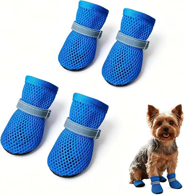 Lanjiesh Zapatos de verano transpirables para perros pequeños, botas de malla, protectores de patas ajustables y reflectantes antideslizantes para cachorros y gatos, azul