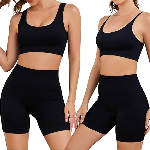 Conjuntos de entrenamiento para mujer, 3 piezas, sin costuras, acanalados, sin mangas, cintura alta, pantalones cortos de yoga
