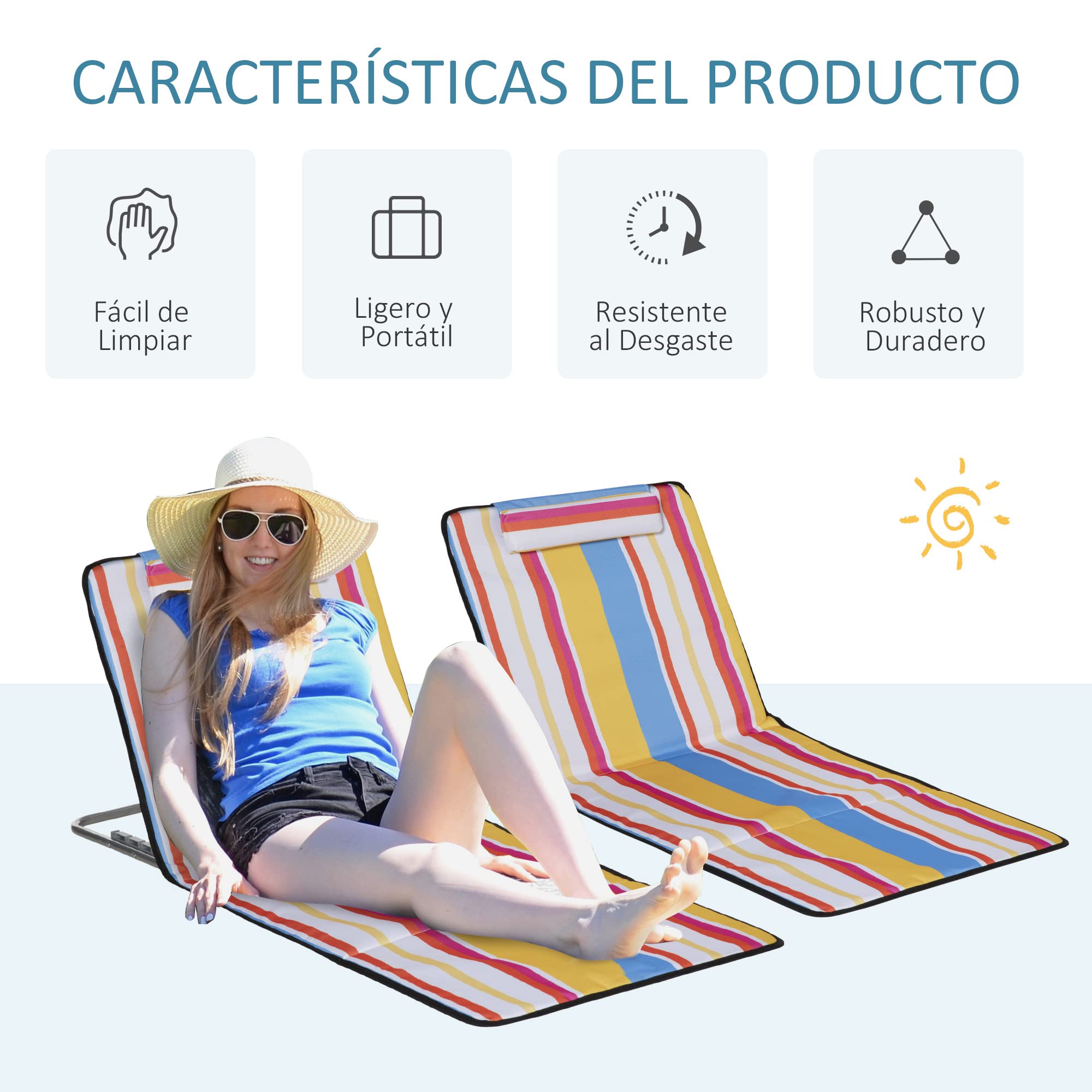 Outsunny Set de 2 Esterillas de Playa Plegables 124x53x45 cm con Respaldo Ajustable y Reposacabezas Esteras de Playa Portátil de Tela Oxford Acero con Bolsa de Transporte para Balcón Jardín Multicolor