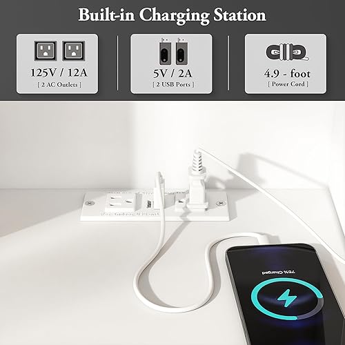 Miniatura 3 de Vabches Escritorio de tocador blanco con espejo y luces, mesa de tocador con parte superior de vidrio con estación de carga, 3 cajones y gabinete de