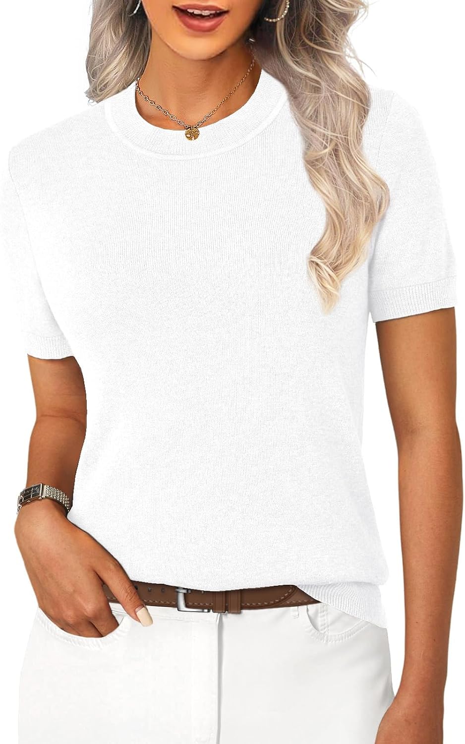 Women's Wool Blend Short Sleeve Sweater Lightweight Business Casual Knit Pullover Top