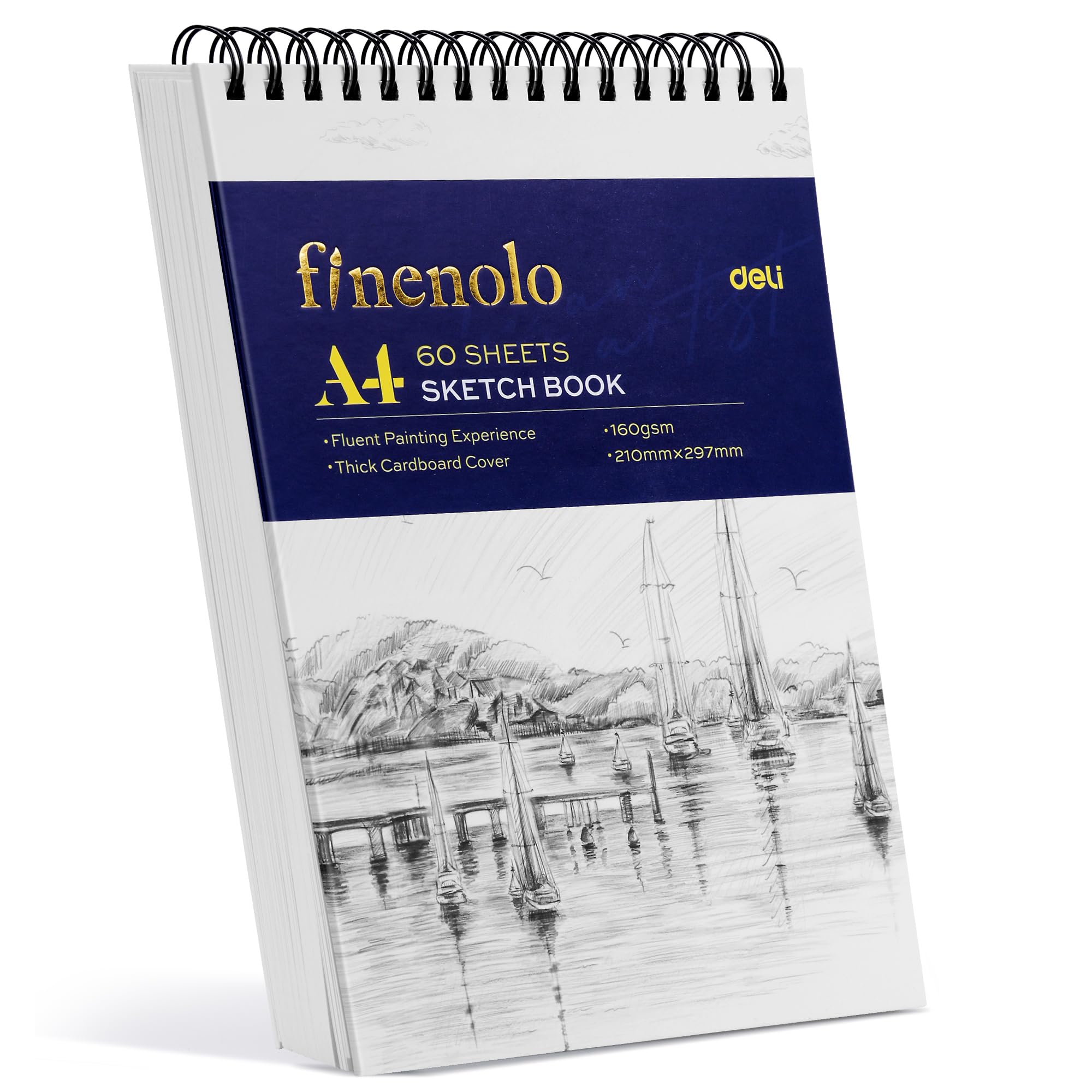 finenolo A4 Sketchbook, Hardback Spiral Sketch Book with 160GSM Thick Paper, Professional Drawing Pad for Studio & Art Supplies, 60 Sheets / 120 Pages (Portrait)