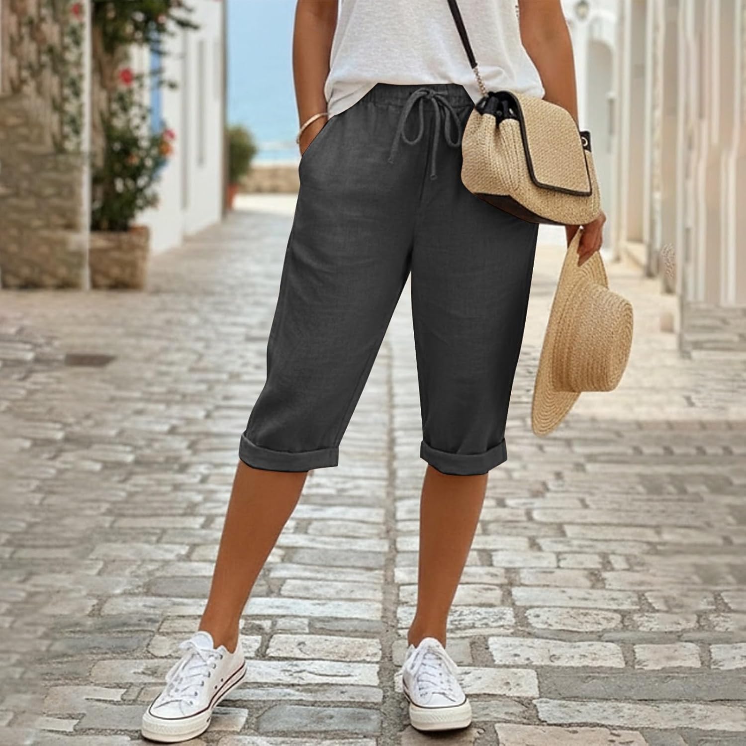 Linen Capri Pants for Women 2026 Bermuda Summer Resort Beach Shorts Casual Vacation High Waisted Lightweight Petite Pant