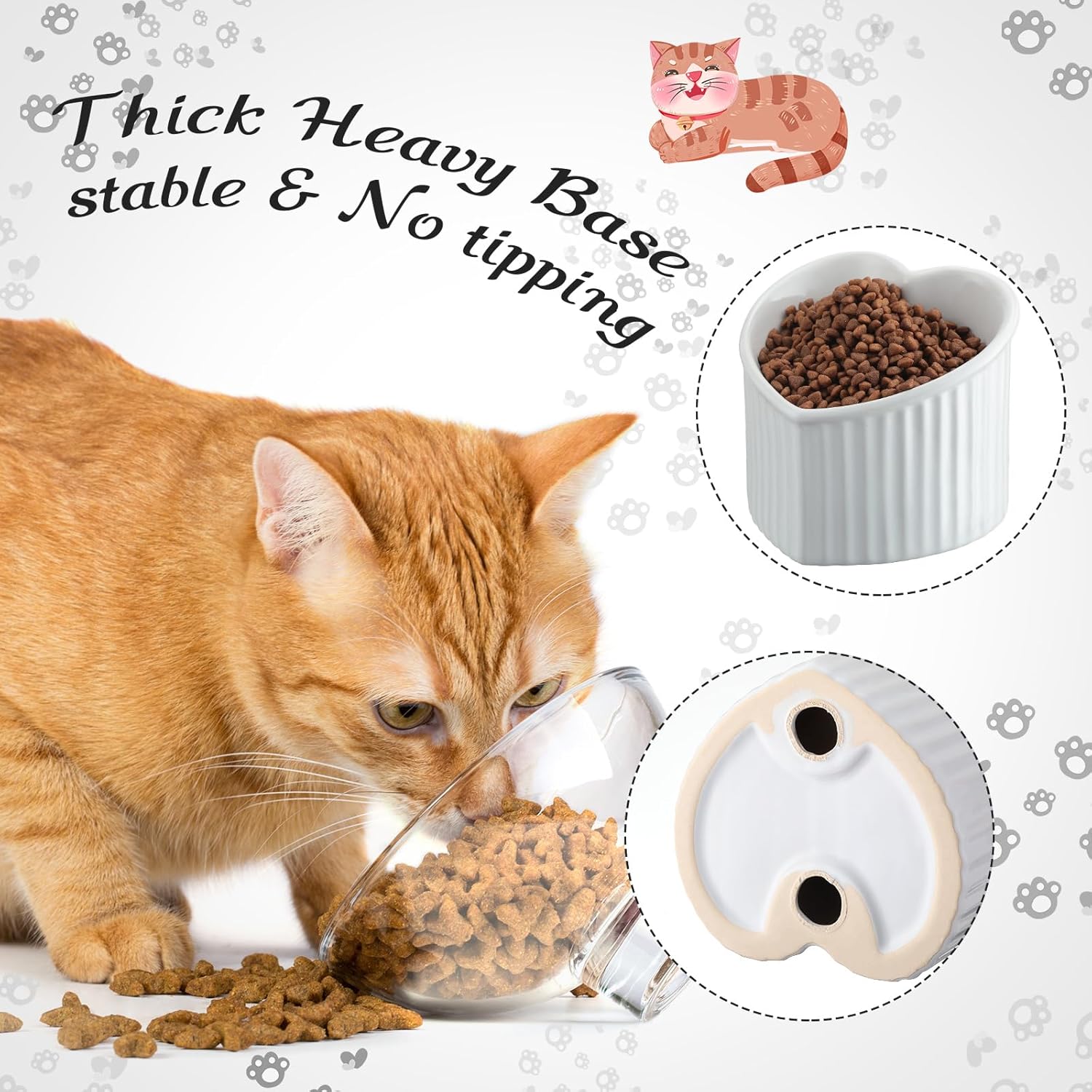 Mumufy 2 Pcs Ceramic Elevated Cat Bowls Tilted Elevated Raised Pet Bowls Anti Vomit Cat Dish for Indoor Stress Free Water Dish Feeder for Puppies, Heart Shaped(Pearly White, Black)