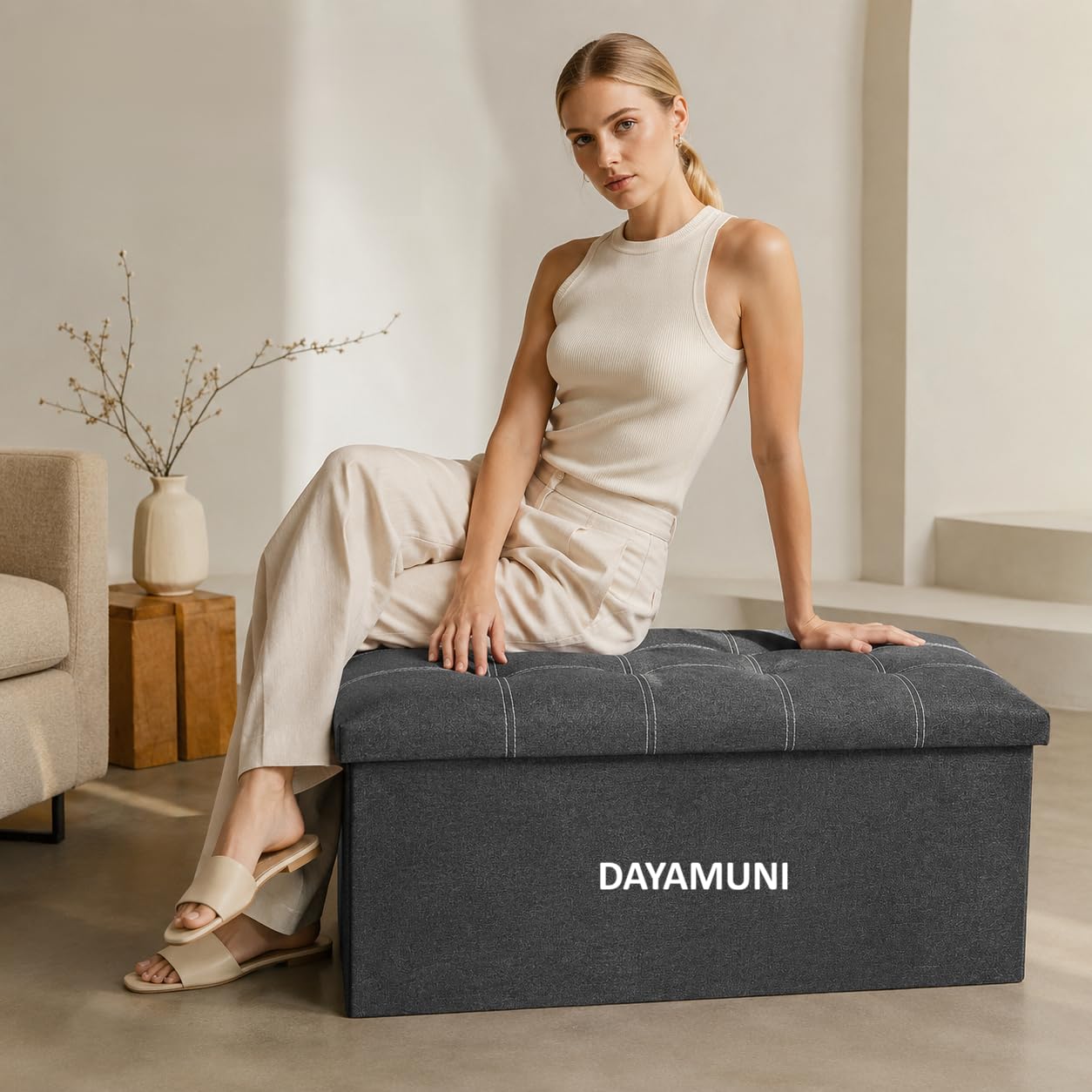 Folding Storage Ottoman Bench 76 x 38 x 38 cm, Linen Fabric Storage Chest with Padded Memory Foam Seat, Foldable Footrest Stool, 80L Hidden Storage Box for Living Room Bedroom Entryway (Grey)-image-44