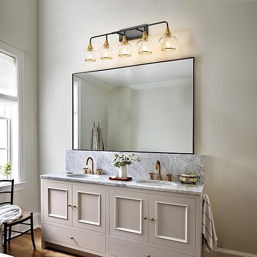 Miniatura 5 de Lámpara de tocador de baño negra y dorada, 5 luces, sobre espejo con pantalla de vidrio transparente, aplique de pared de 39.2 pulgadas (excluye