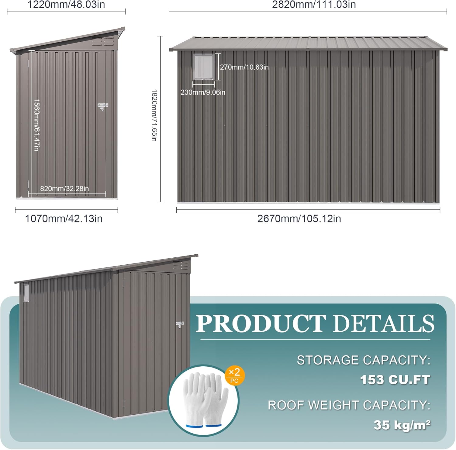Diagram showing dimensions of the Vigo huseeo 4x9.2FT Outdoor Storage Shed