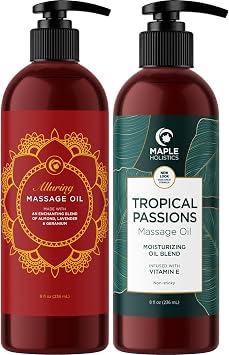 Alluring Lavender & Tropical Passions Massage Oil Set - Aromatherapy Full Body Massage Oil for Couples Bundle with Naturally Scented Vegan Non GMO & Gluten Free Ingredients 8 Fl Oz Each