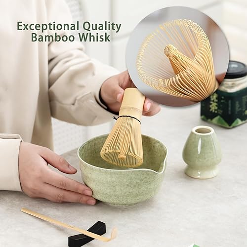 Miniatura 2 de Juego de té japonés, incluye cuenco de matcha con boquilla, soporte para batidor de matcha, batidor de matcha de bambú y cuchara de bambú, 17 onzas,