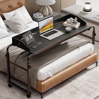 BYMECOST Adjustable Laptop Bed Desk with Wheels - Height & Length for Queen/Full Beds, Rolling Overbed Table for Work, Reading, Eating