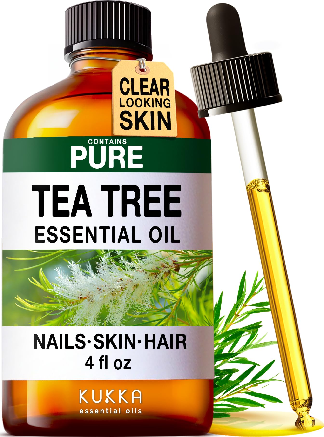 KUKKA essential oils Australian Tea Tree for Skin, Hair, Face & Toenails - 100% Natural Melaleuca Tea Tree for Piercings, Scalp & Hair (4 fl Oz)