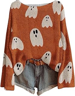 Generic Halloween Jumper Women Graphic Print Sweaters Boho Vintage Ghost Sweatshirts Crewneck Long Sleeve Knit Pullover Tops Ladies Fashion Theme Outfits