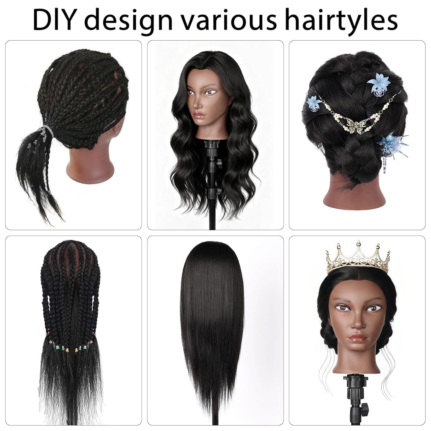 Friseur Übungskopf 100% Echthaar, 66 cm / 26 Zoll Mannequin Kopf mit Haaren, Friseurkopf Trainingskopf mit Klemme & Zubehör, Frisierpuppe für Schneiden, Flechten, Styling (Schwarz)
