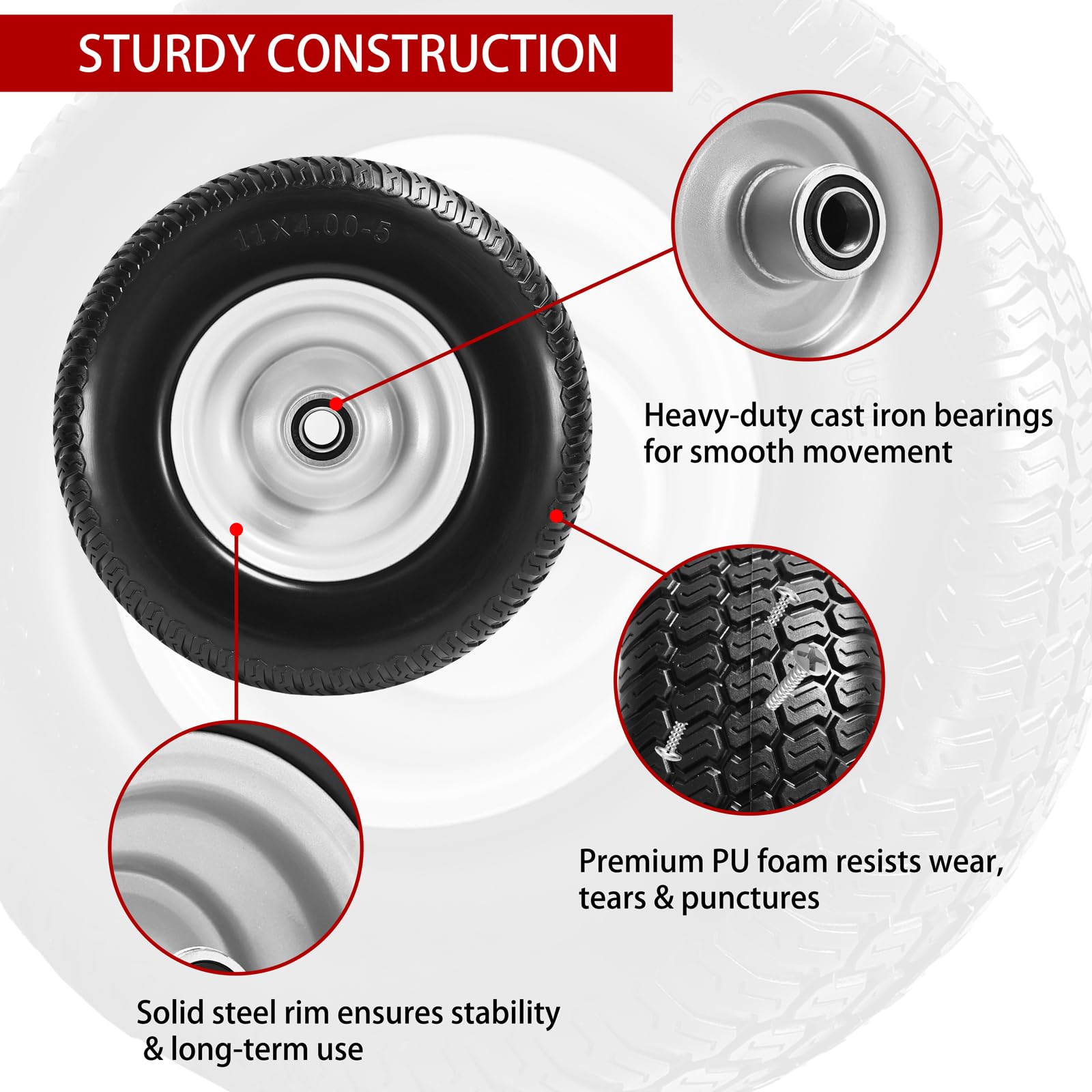 Paquete de 2 neumáticos y ruedas para cortacésped de 11 x 4.00-5, bujes centrados de 3.4 pulgadas, bujes de 3/4 pulgadas y 5/8 pulgadas y 1/2 pulgadas, repuesto frontal de giro cero