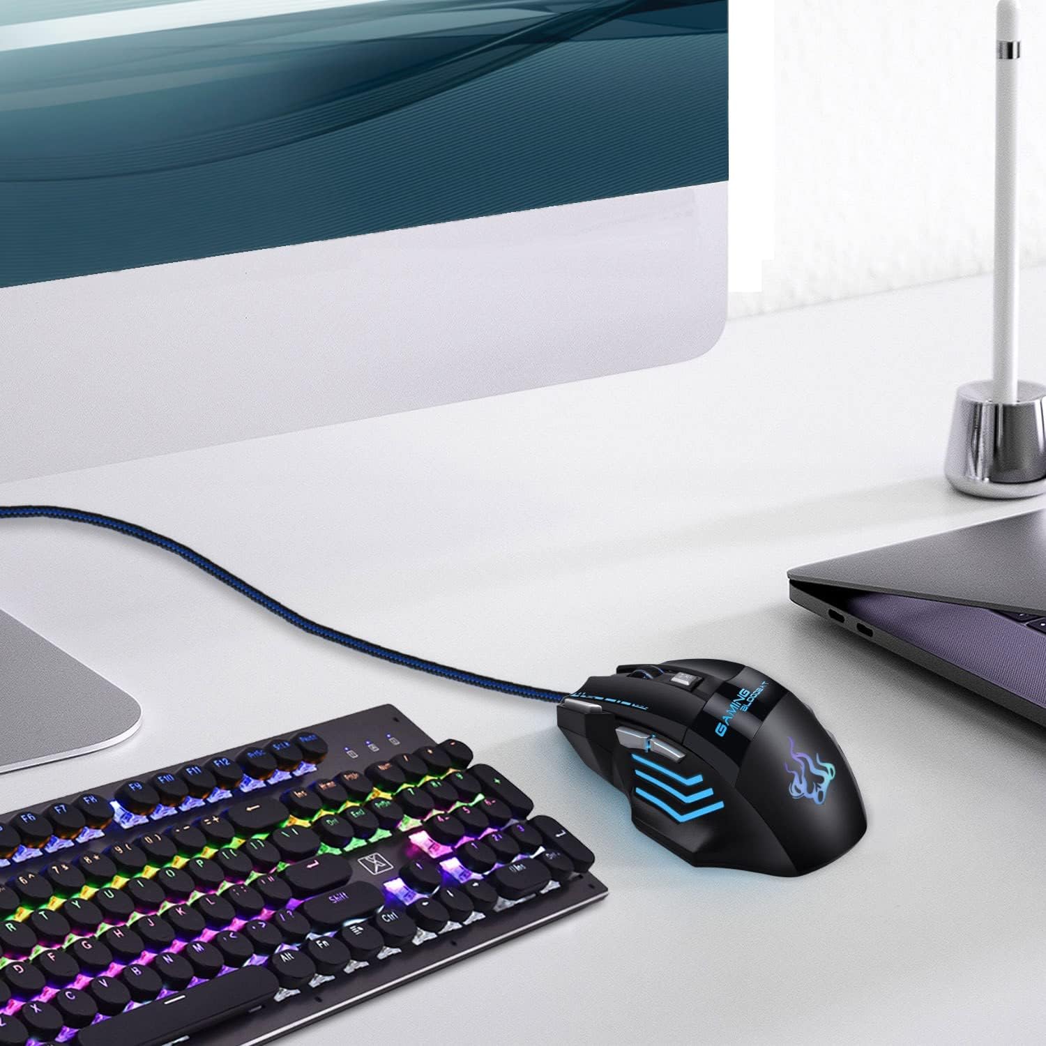 Gaming Mouse Wired Mouse USB Optical Mouse 3200 DPI Adjustable Comfort Grip Ergonomic Mice RGB Breathing Backlit 7 Buttons Fire Key for Windows, Mac OS, Linux, Laptop Computer PC Black