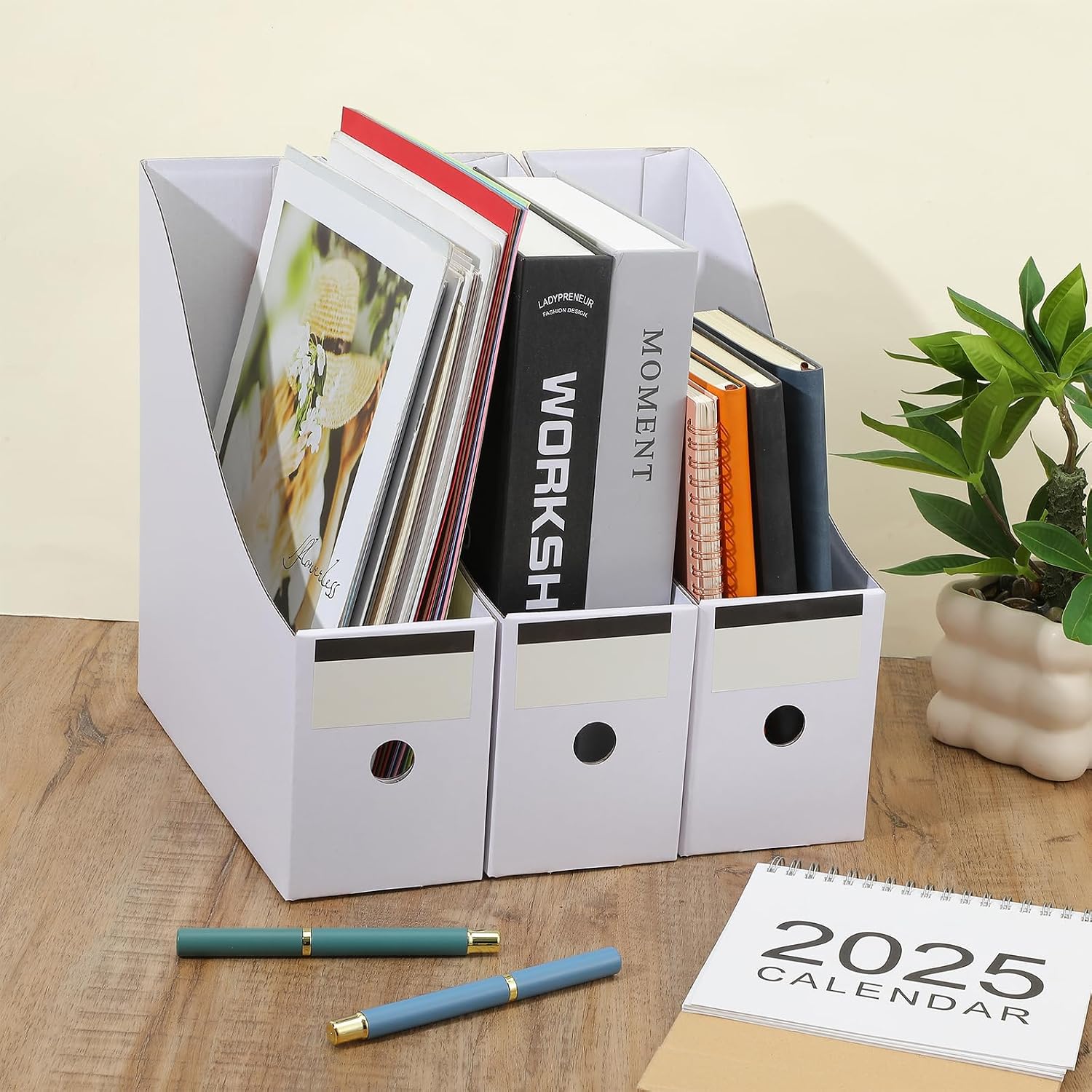 25 Pcs Cardboard Magazine File Holders Magazine Book Bin Box with Label Sticker Paper Organizer Storage Folder for Desk Shelves School Classroom Office Supplies(Classic,White)