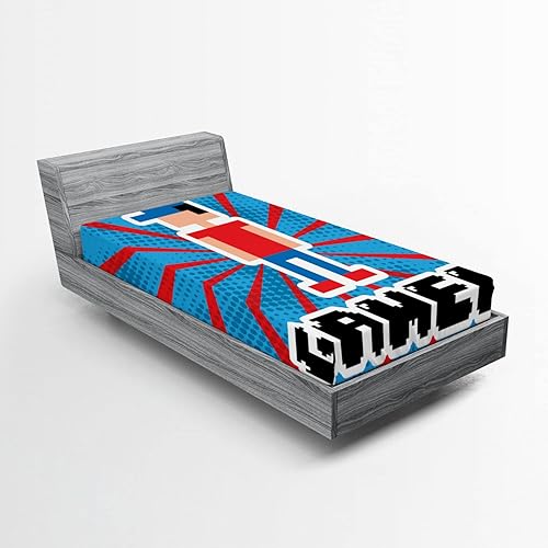 Miniatura 75 de Ambesonne Sábana bajera ajustable con diseño de videojuegos, rayas rojas, diseño retro de los años 90, diseño geométrico, ropa de cama de tela Crema