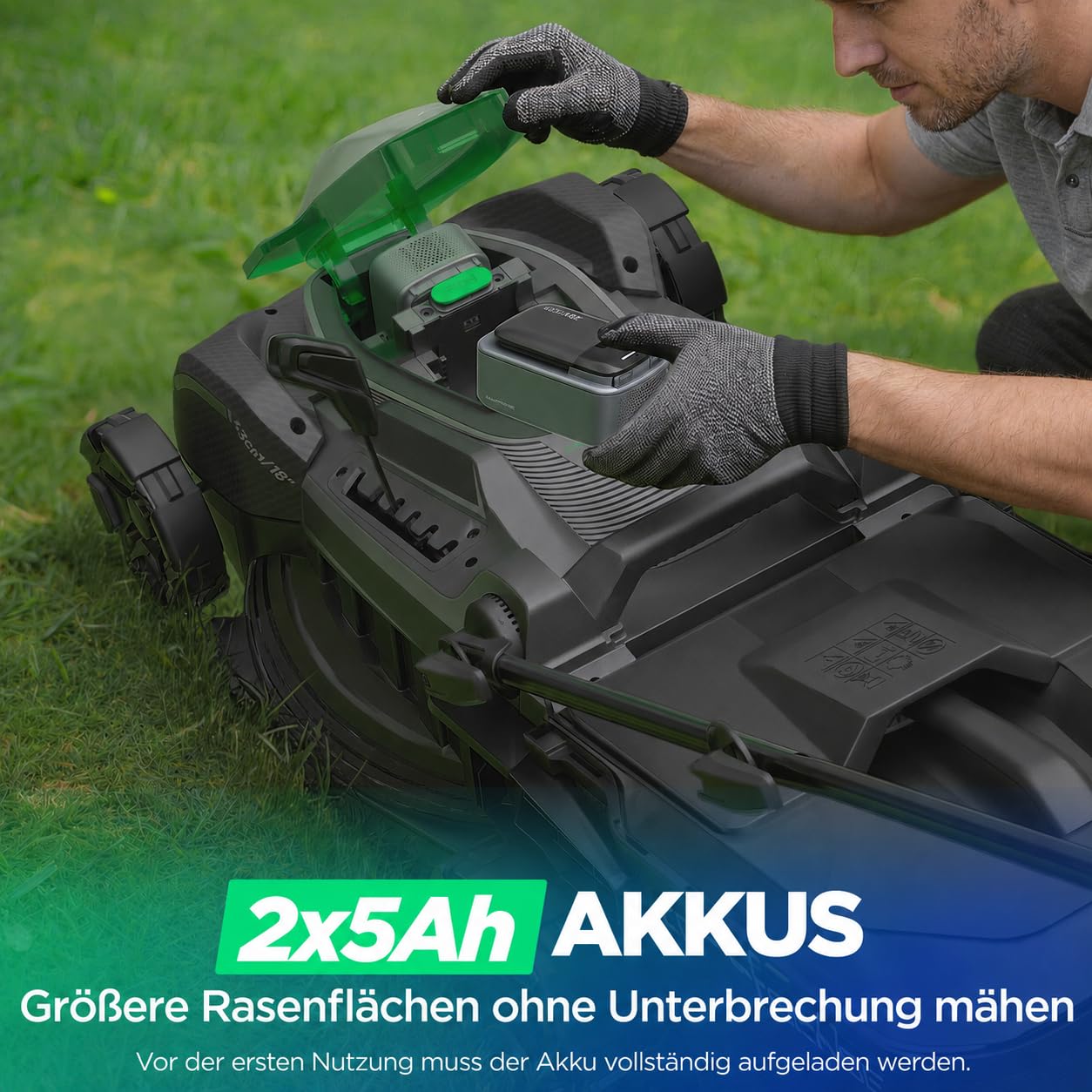 40V Akku Rasenmäher, Elektro-Rasenmäher mit 43 cm Schnittbreite, 2×5Ah Akkus & Typ-C Ladekabel, 6 Schnitthöhenstufen, Bürstenloser Motor, 2-in-1 Mulchen & Fangen, ideal für mittelgroße Gärten bis 600㎡