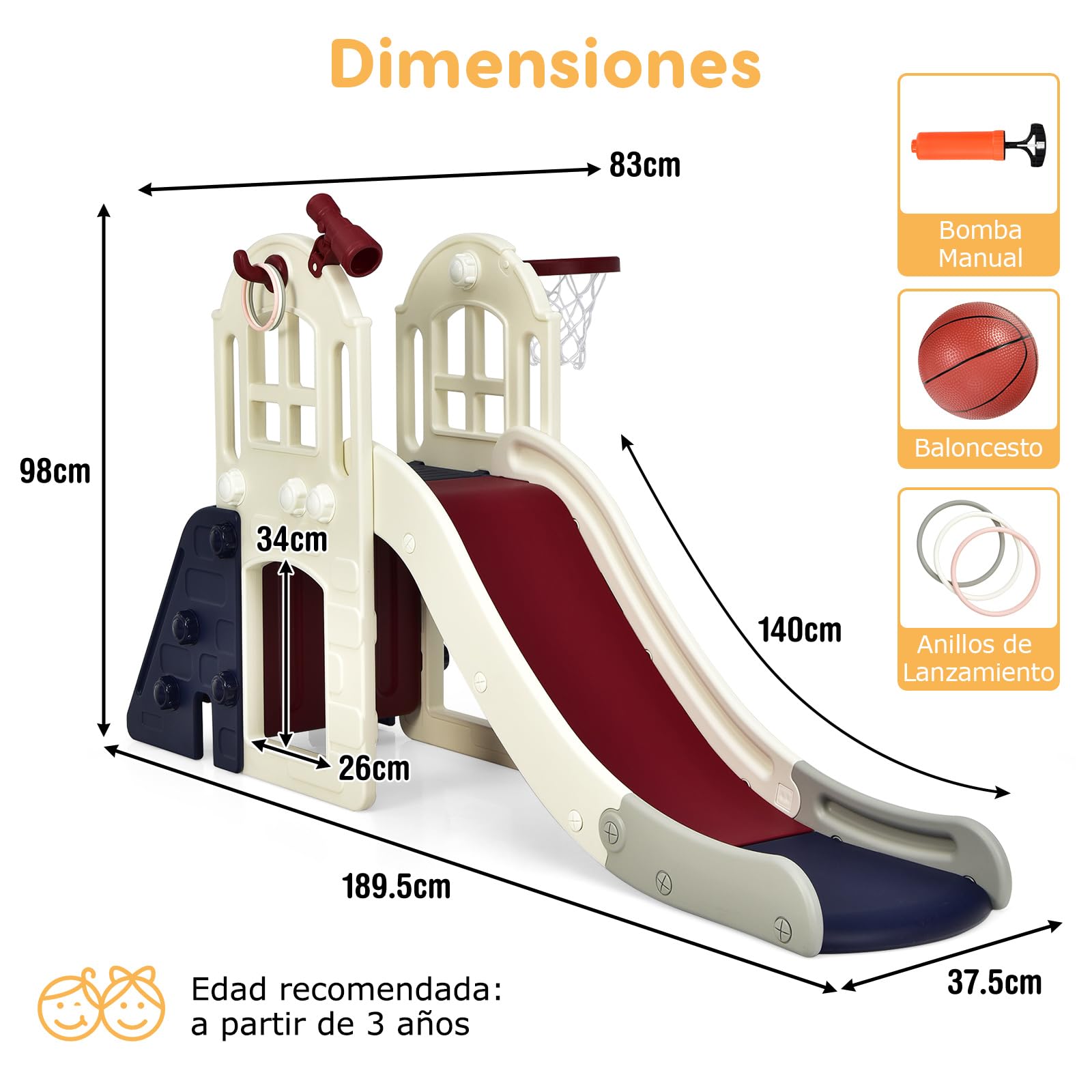 RELAX4LIFE 6 en 1 Tobogán Infantil con Escalador, Canasta de Baloncesto, Lanzamiento del Anillo, Túnel y Telescópico Decorativo, Toboganes Infantiles Exterior de HDPE para Niños 3-8 Años (Azul)