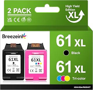 61XL Ink Cartridges Black and Color High Yield Combo Pack for HP Ink 61 XL for Envy 4500 5530 for Officejet 2620 4630 for DeskJet 1050 1510 2050 2510 3000 3050 3510 Printer (1 Black, 1 Tri-Color)