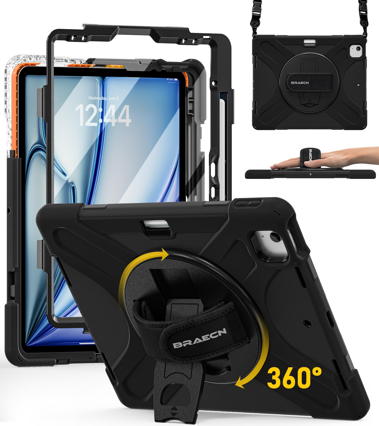 BRAECN für iPad Air 13 Zoll Hülle M4/M3/M2 (2026/2025/2024), Stoßfeste Robuste Tragbare Schutzhülle mit Displayschutz, 360° Drehbare Ständer und Handgurt, Schultergurt, Stifthalter, Schwarz