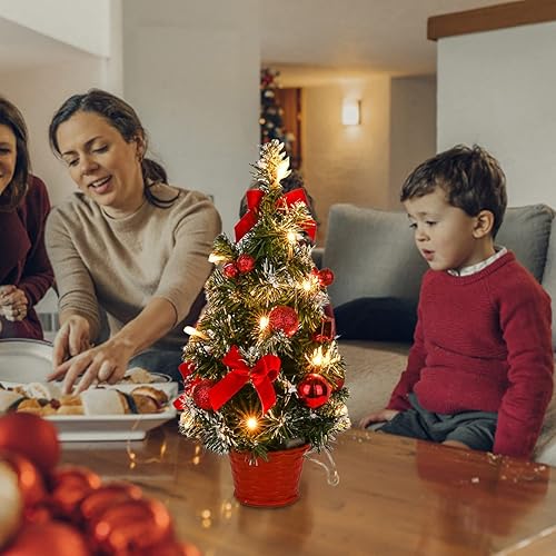 Miniatura 4 de Árbol de Navidad pequeño iluminado de 15.7 pulgadas, árbol de Navidad artificial con luces LED, árbol de Navidad de mesa a pilas para decoraciones