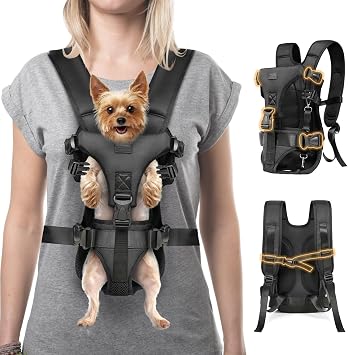 Dog Front Carrier Backpack, Legs Out Secure-Fit Pet Chest Carrier for Small Dogs (6-24 lbs), Adjustable Pet Carriers with Safety Belt, Hands Free Dog Backpack Carriers for Hiking Cycling (S, Black)