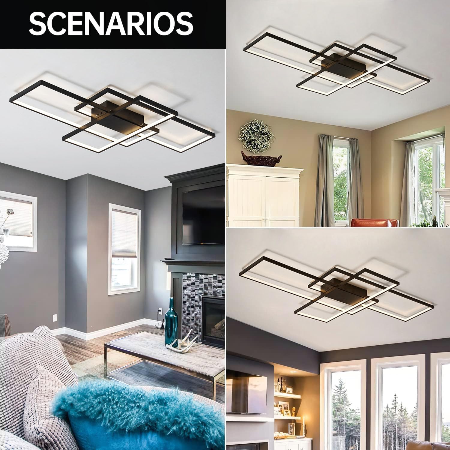ASJK Lampadario Moderno LED Rettangolare 60W, Illuminazione a Soffitto Multifunzionale Geometrica 3000k-6000k Con Telecomando per Soggiorno (80 cm, Nero)