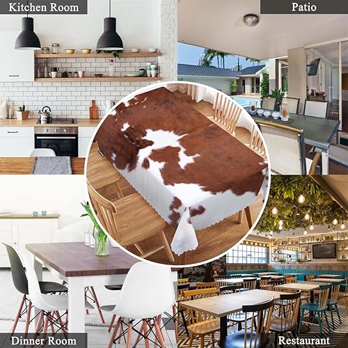 Miniatura 7 de Swono Mantel decorativo rectangular de cuero de vaca, impresión de animal de granja, cuero marrón, poliéster de vaca, mantel de cocina para comedor,
