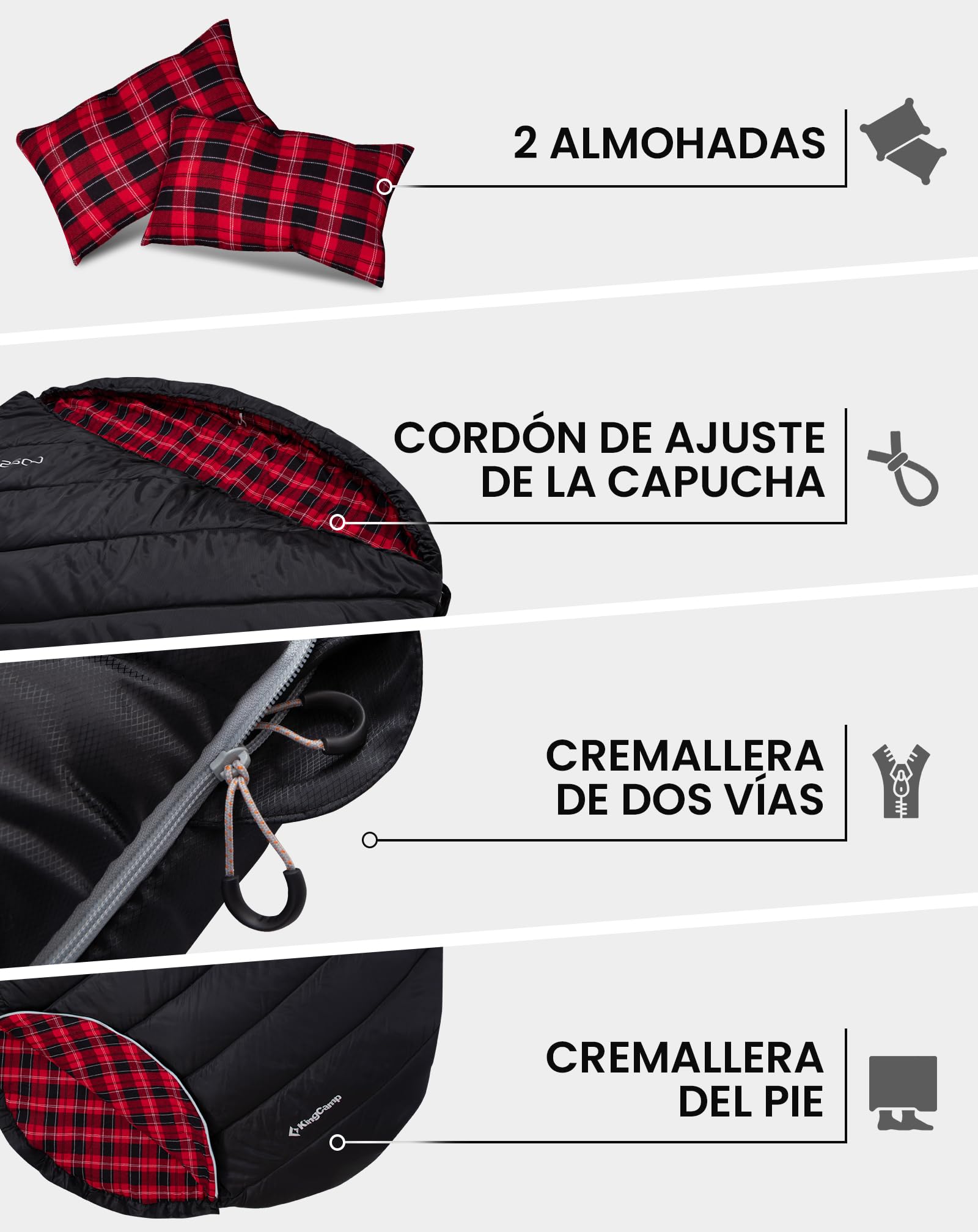 KingCamp Saco de Dormir Doble de Franela de algodón para 2 Personas - Abrigado para Invierno, 3-4 Estaciones, Incluye 2 Almohadas - Ideal para Camping, Viajes y Actividades al Aire Libre
