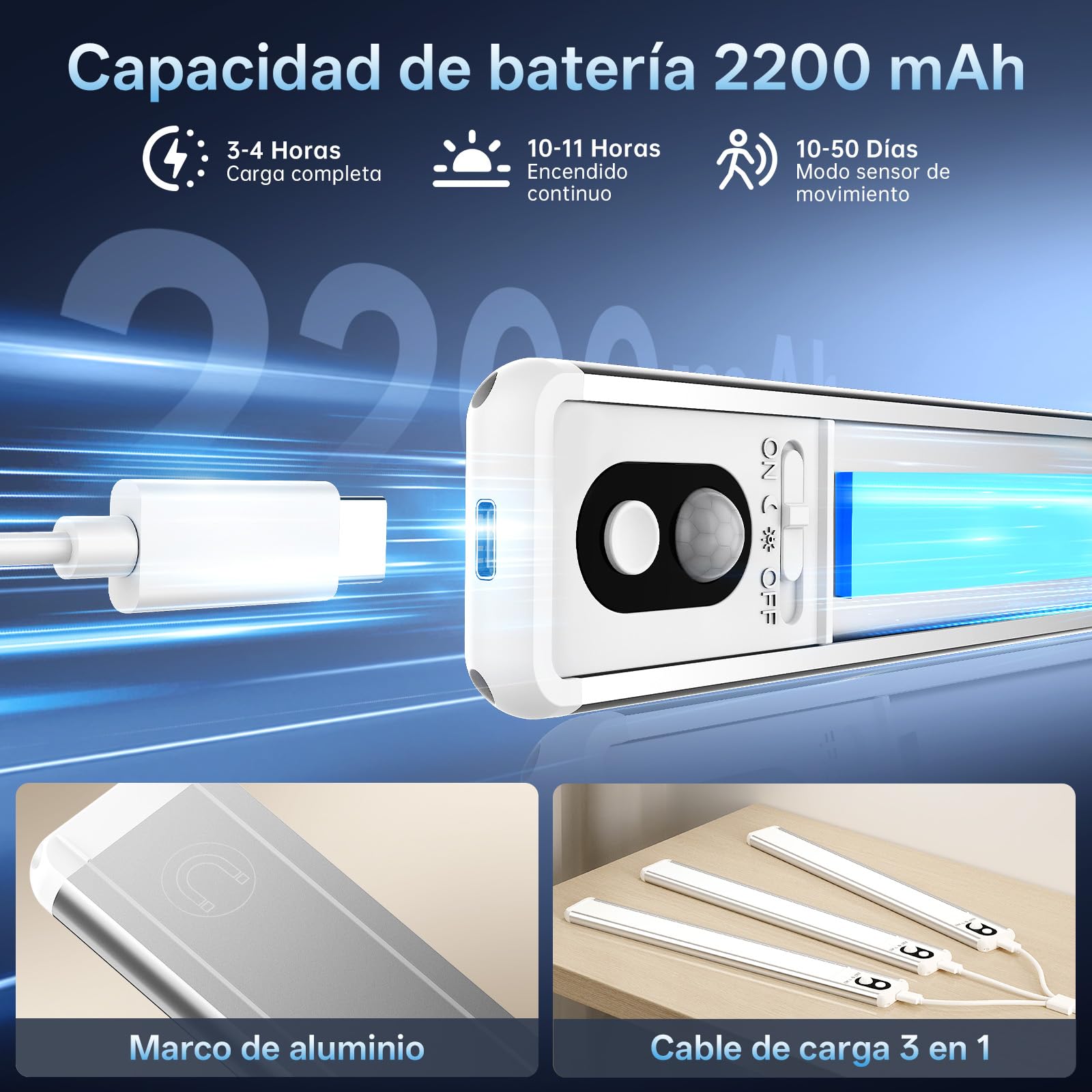 Luz Led con Sensor de Movimiento, 35 cm Luz Armario, 6 piezas | Lámpara Led Recargable con 3 temperaturas de color,2200 mAh, Atenuación Continua, Montaje Magnético para Armarios y Vitrinas