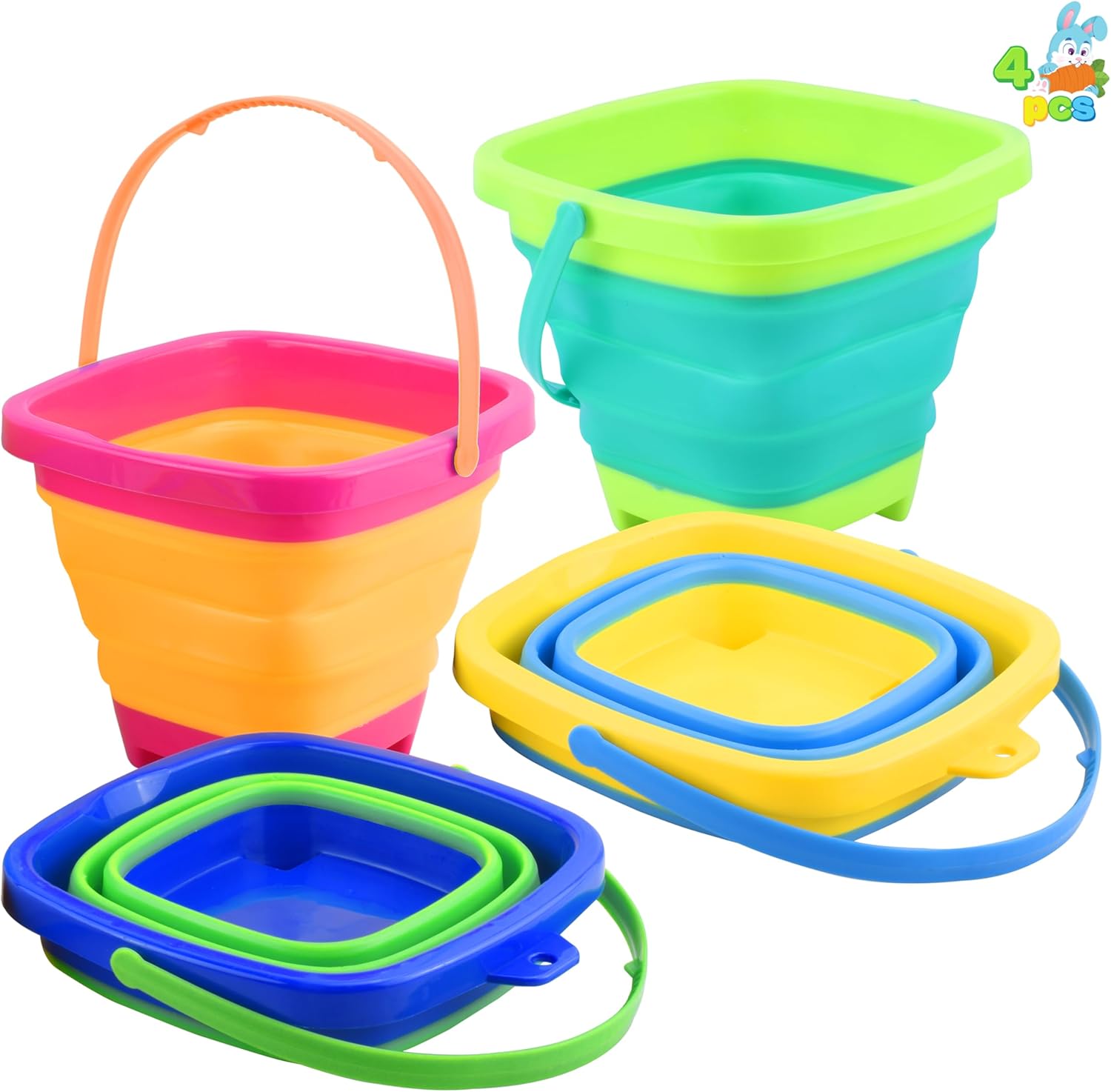 JOYIN 4 Collapsible Basket Portable Buckets, 2L Square Foldable Pail Bucket for Summer Beach, Camping Gear, Space Saving Outdoor Waterpot, Fishing Water Pail, Easter Egg Hunting