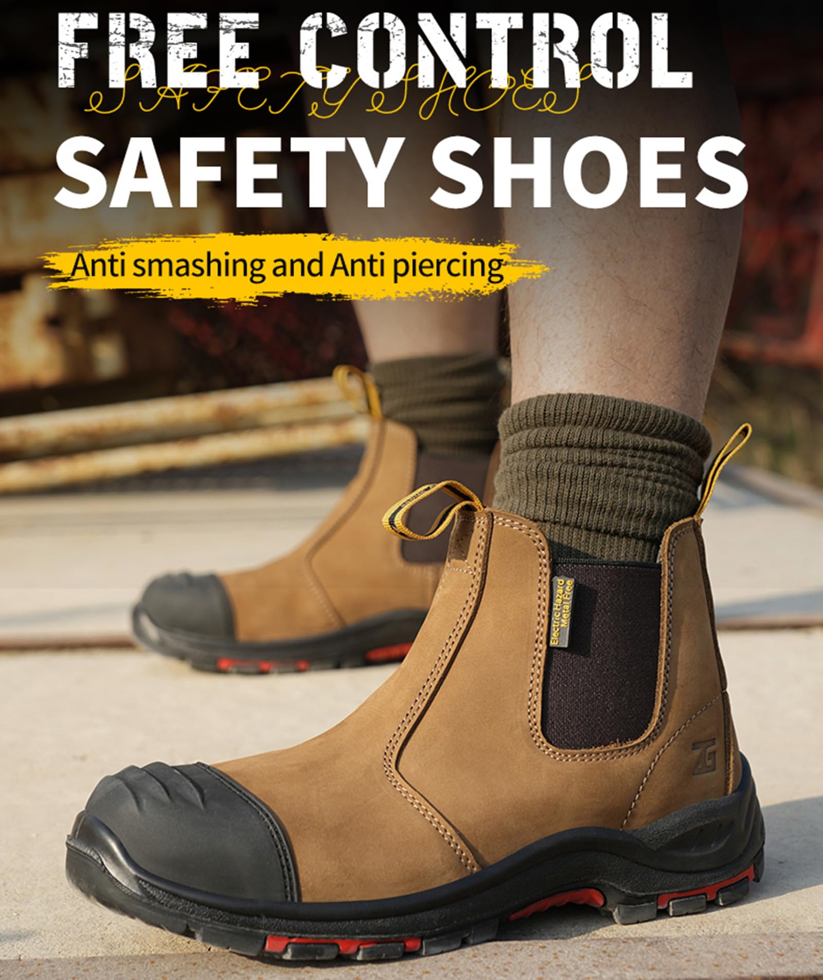 Micoklinlin Composite Steel Toe Boots for Men Work Genuine Leather Chelsea Boots Fashion Anti-Slip Puncture Proof Safety Insulated Shoes Slip on Resistant High Top Hiking Boots Black