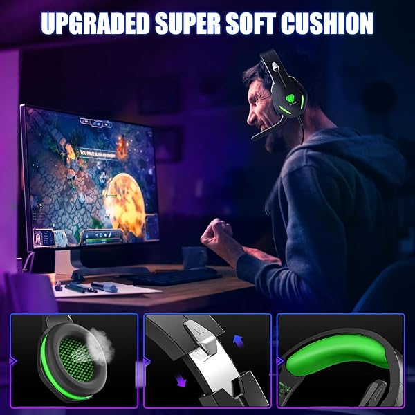 Gaming Headset with Microphone for Xbox PS5 PS4 PC - 3.5mm Jack Wired Headphones with Noise Cancelling Mic & LED - 50mm Audio Drivers & Soft Earpads Black Green - 3