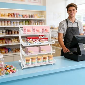 4 Tiers Retail Display Stand, Retail Candy Display Rack, Chip Rack Display Stand, Snack Organizer, Countertop Display Candy Snacks Rack, Snack Shelf for Stores, Office, Bakery, Supremarket White