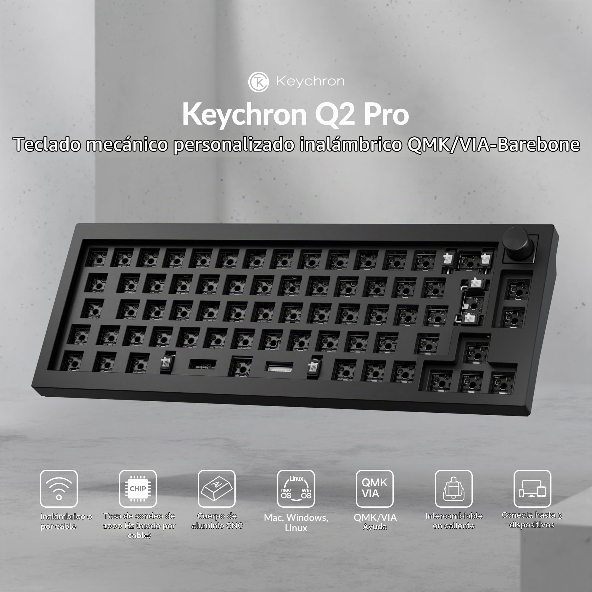 Keychron Q2 Pro Kit de Teclado Mecánico 65% Diseño ISO, Bluetooth 5.1, RGB, Programable con QMK/Via, Cuerpo de Aluminio CNC, para Interruptores de 3/5 Pines, Compatible con Windows/Mac - Negro