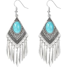 Boho Handmade Vintage Turquoise Earrings for Women, Western Jewelry Gifts Vintage Bohemian Ethnic Tibetan Turquoise Engraved Flower Pattern Geometric Round Long Tassel Drop Statement Earrings