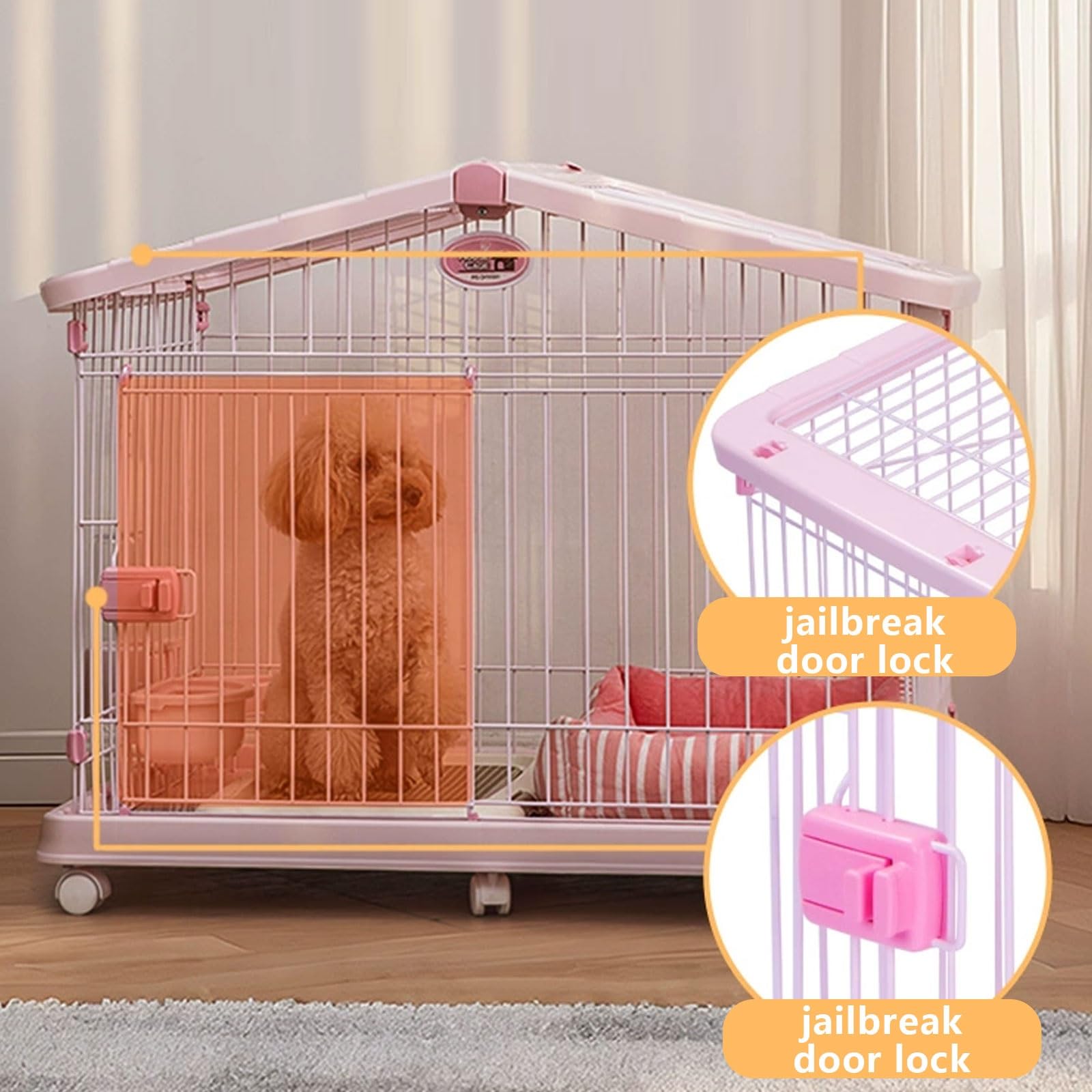 Kennel Gabbia for Cani Da Interno Trasportino Cane Con Serrature E Vassoio Rimovibile Resina E Ferro Tetto Panoramico Facile Da Pulire Disponibile in 2 Misure(Rose,94 * 62 * 76cm)