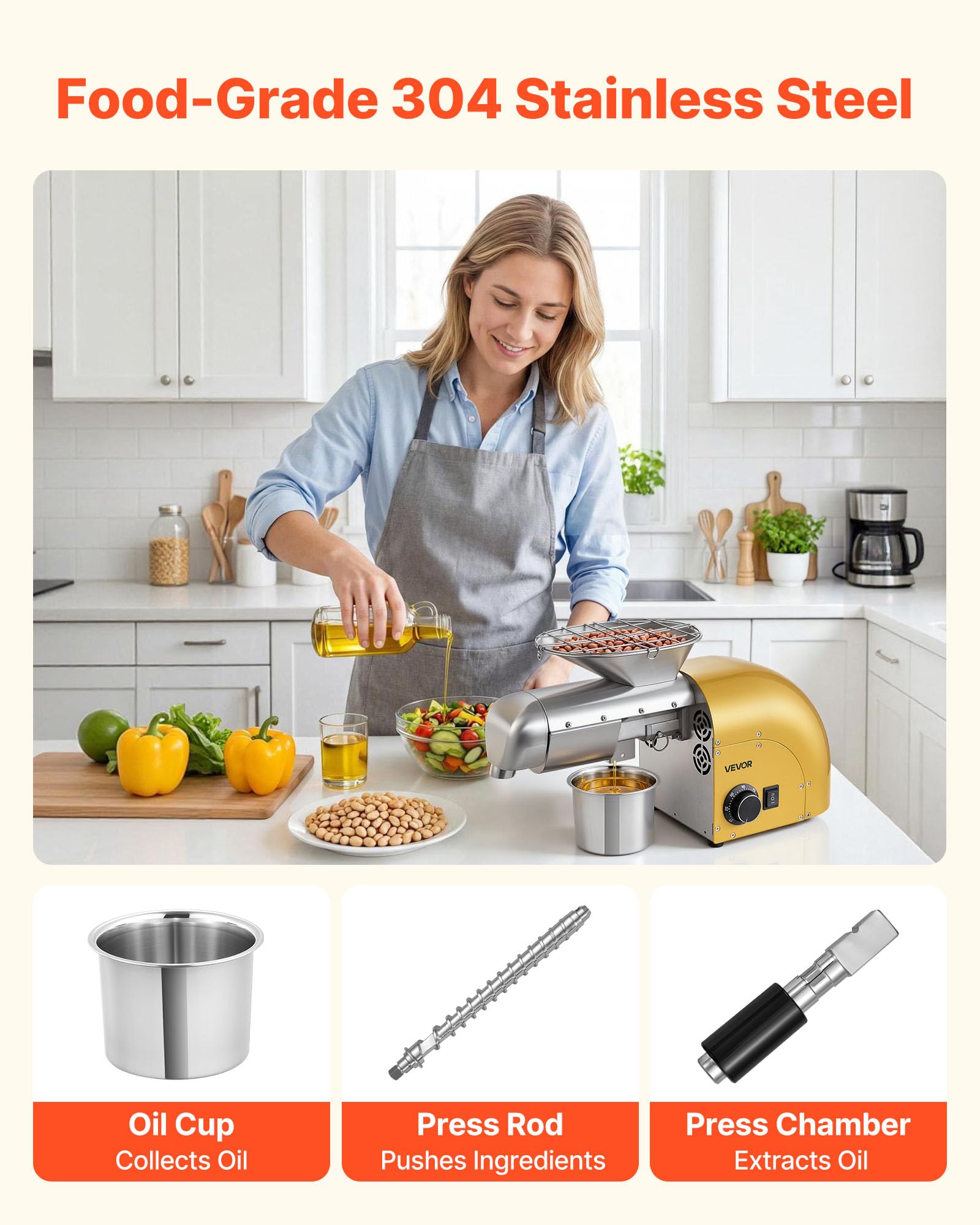 VEVOR Prensa de Aceite Eléctrica 1250 W, Máquina de Prensado de Aceite 5 kg/h, Prensado en Caliente y Frío 50-300 °C, Extractor de Acero Inoxidable, Uso Doméstico y Comercial, para Cacahuetes, Soja