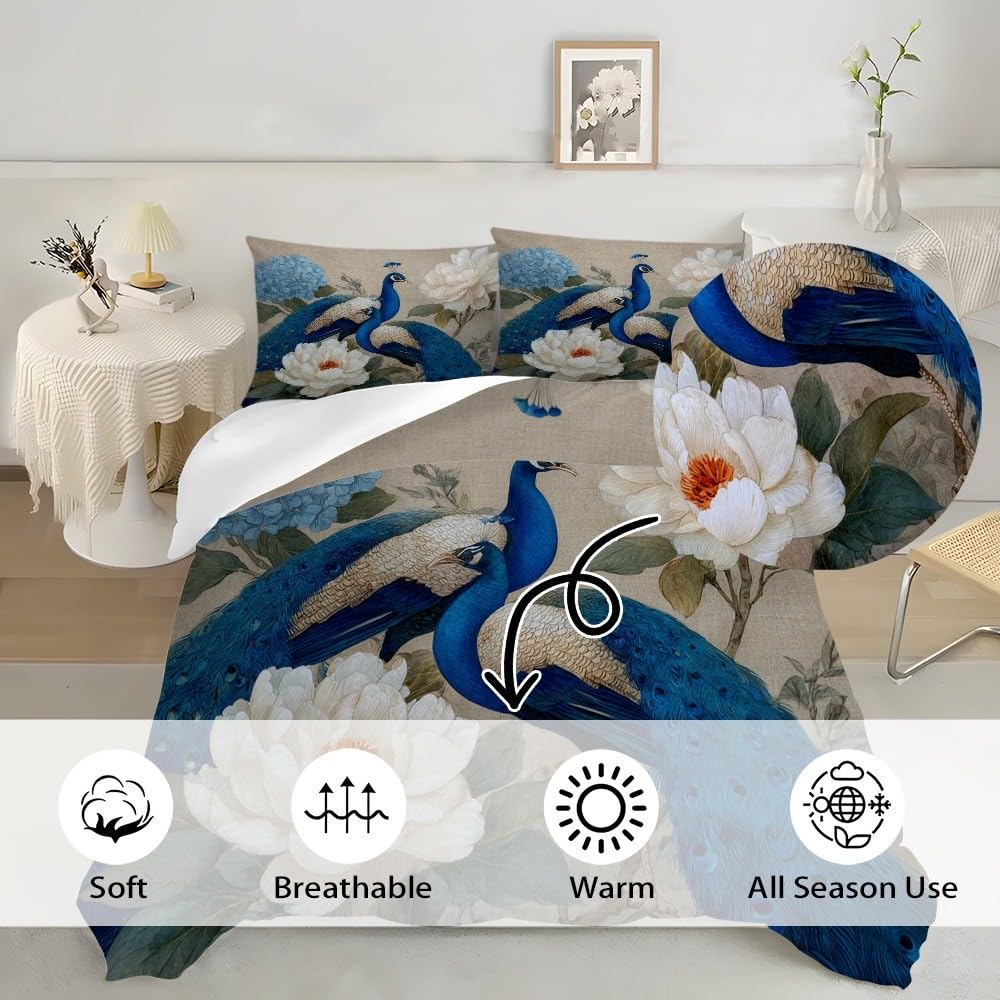 Pawie kwiaty retro poszewki na kołdrę Pościel 240 x 220 cm miękka wygodna niebieska mikrofibra poszewka na kołdrę zestaw pościeli z zamkiem błyskawicznym na wszystkie pory roku 3 sztuki